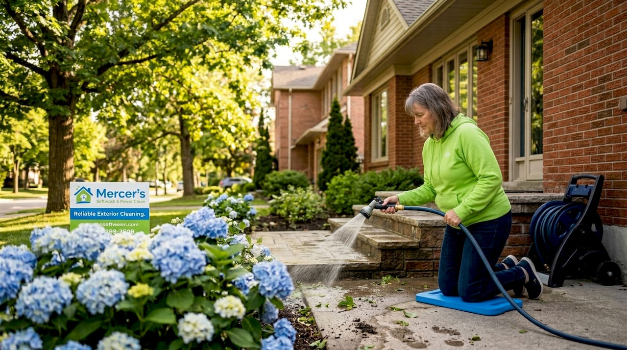 Homeowner cleaning exterior front steps on sunny morning