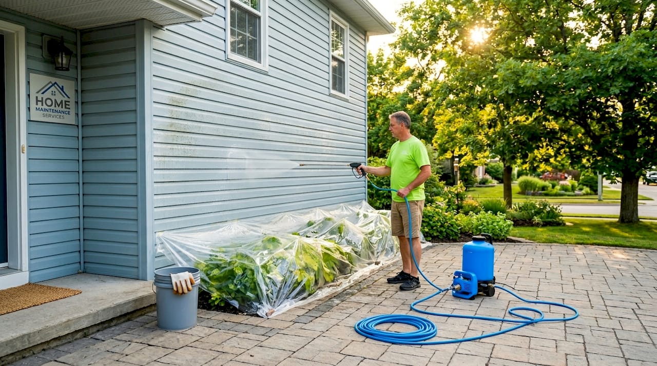 Homeowner soft washing house siding with sprayer