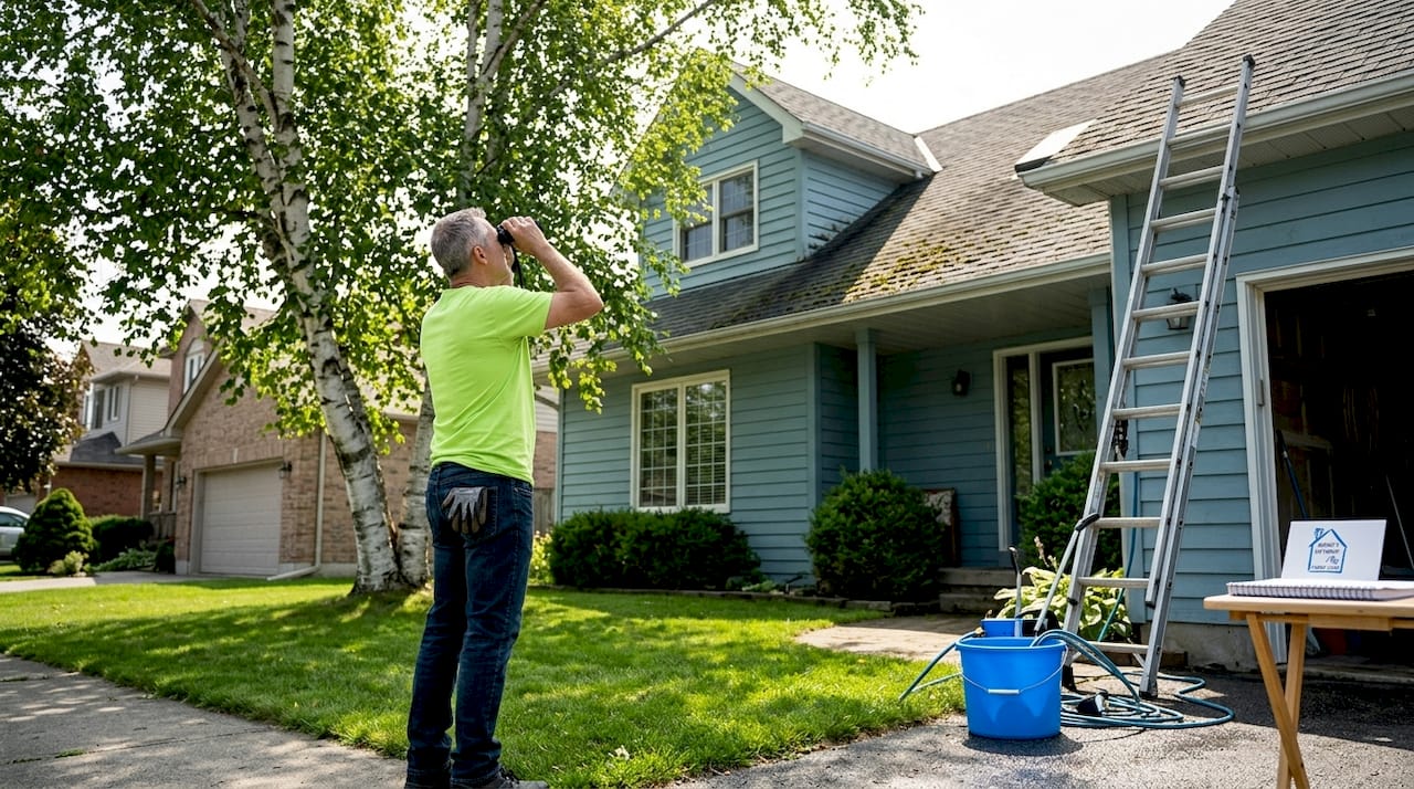 Homeowner inspecting roof for visible issues