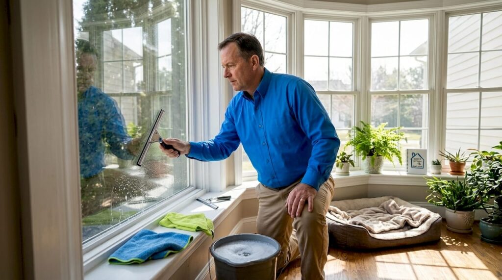 Homeowner cleaning living room window squeegee