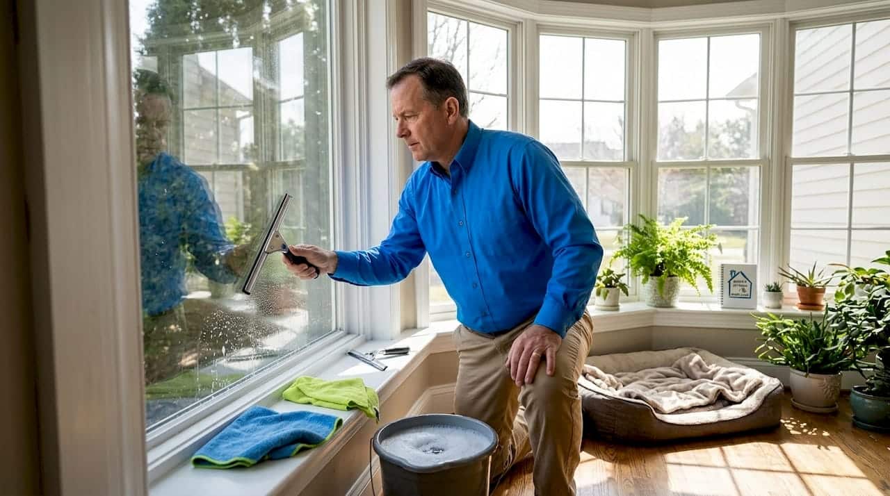 Homeowner cleaning living room window squeegee