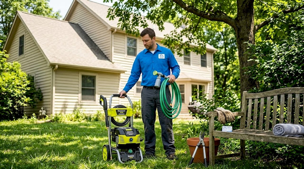 Homeowner choosing between pressure washer and hose