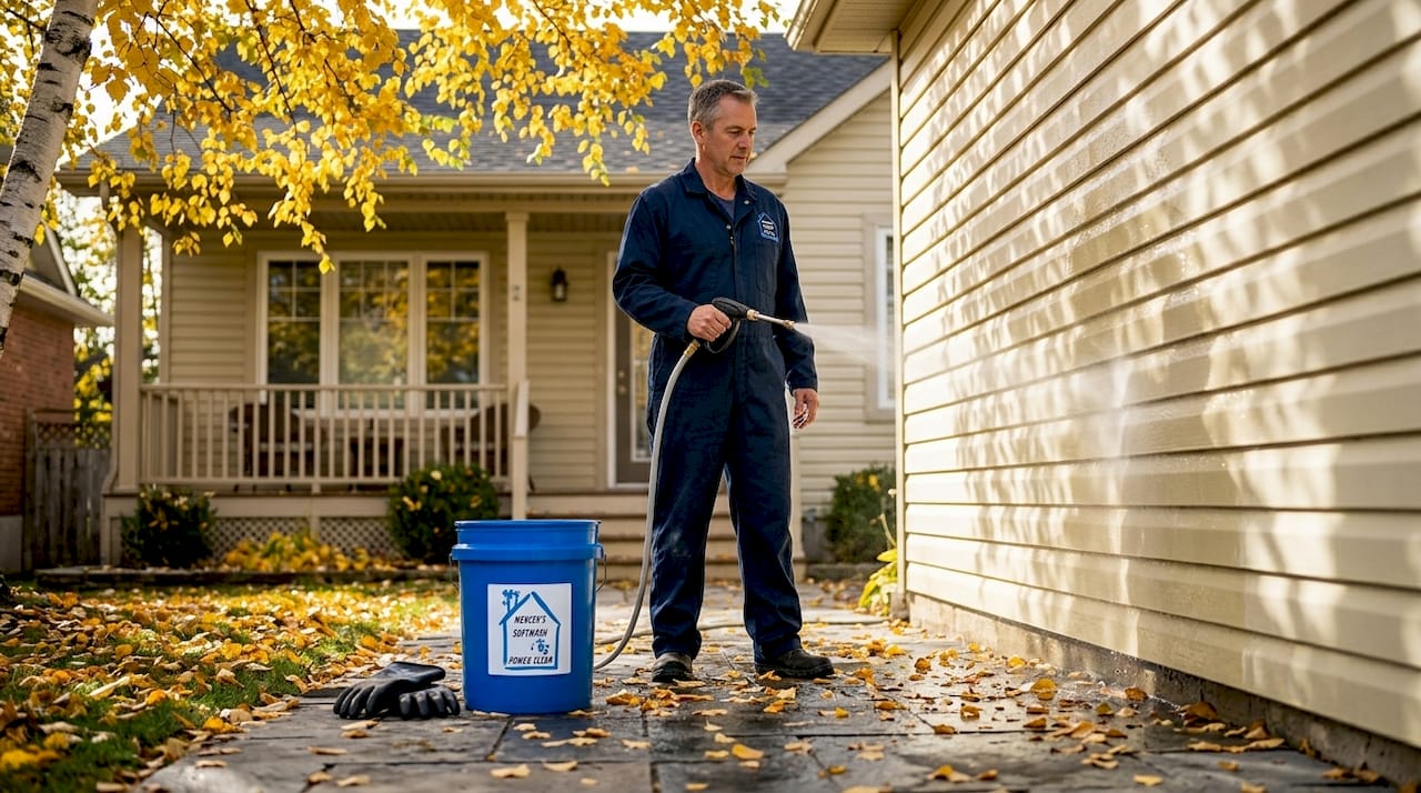 Cleaner soft washing home siding in sunlight