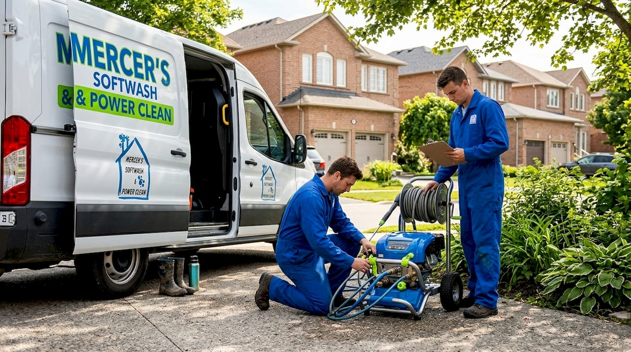 Technicians setting up power wash equipment in driveway