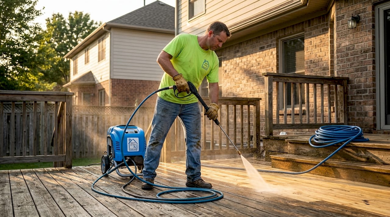 Homeowner pressure washing wooden backyard deck