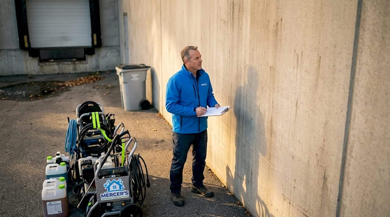 Facility manager inspecting industrial building exterior