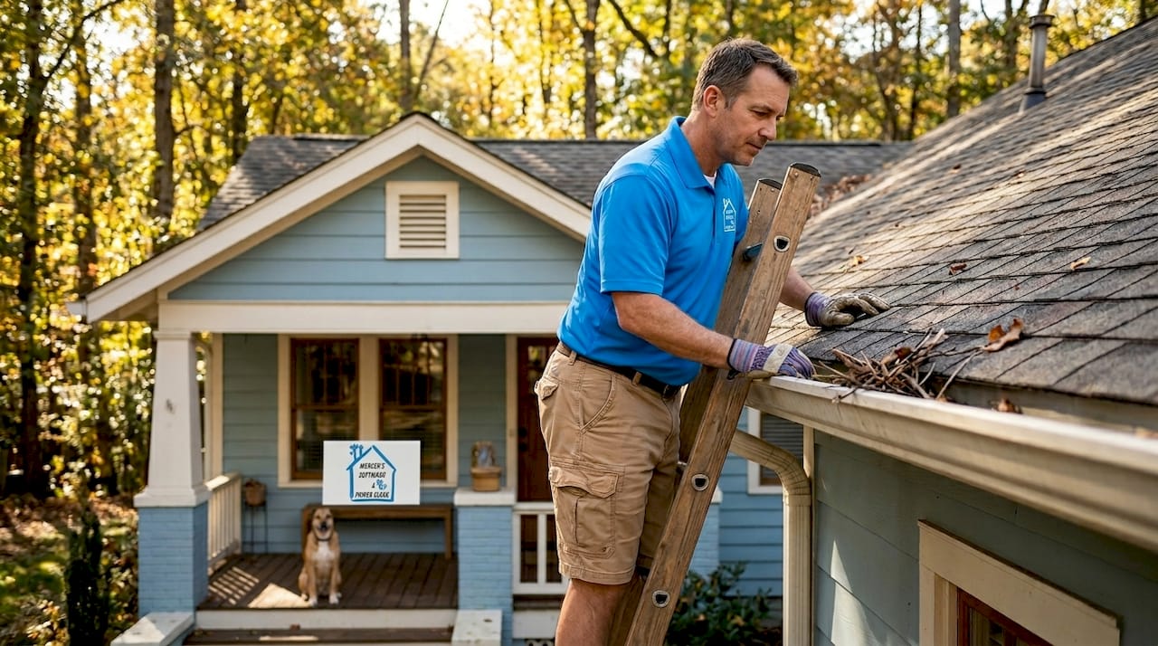 Homeowner inspecting roof for cleaning