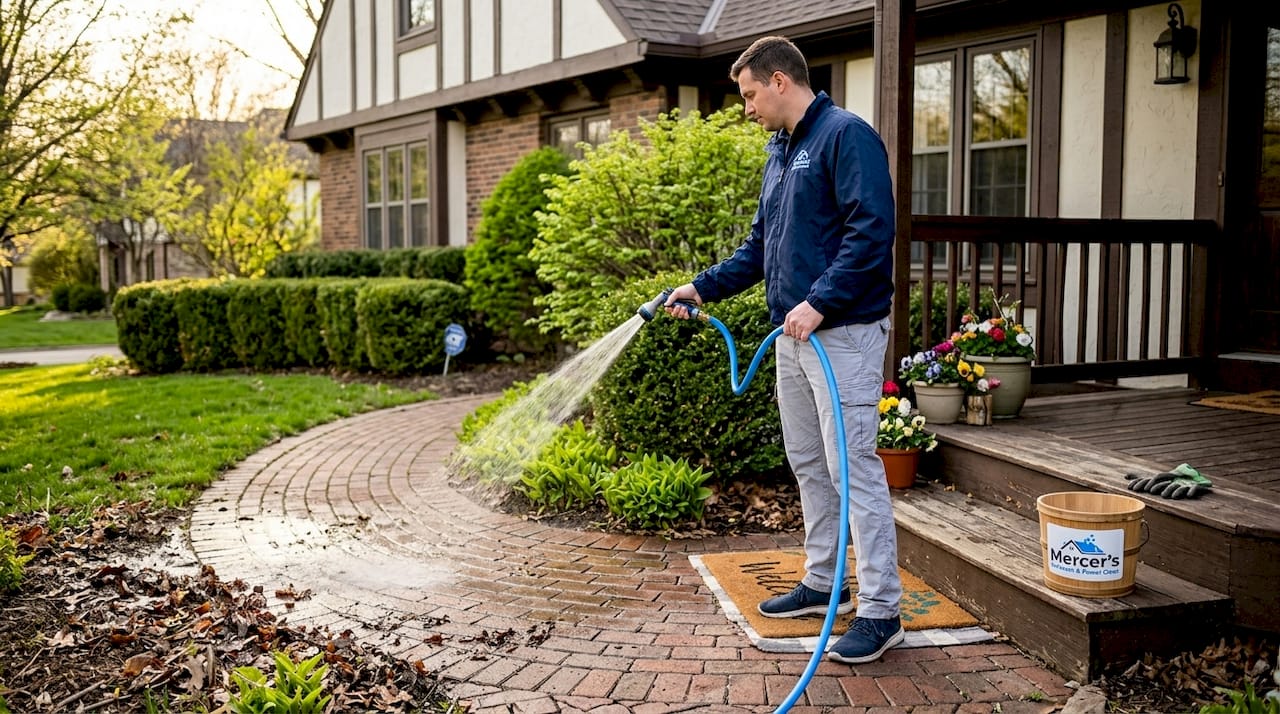 Homeowner cleaning walkway in early spring
