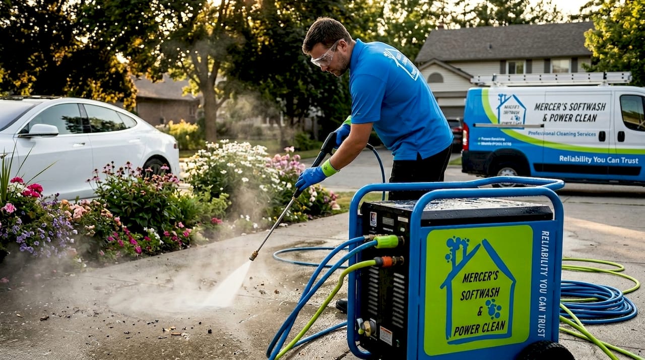 Operator using hot water pressure washer on driveway