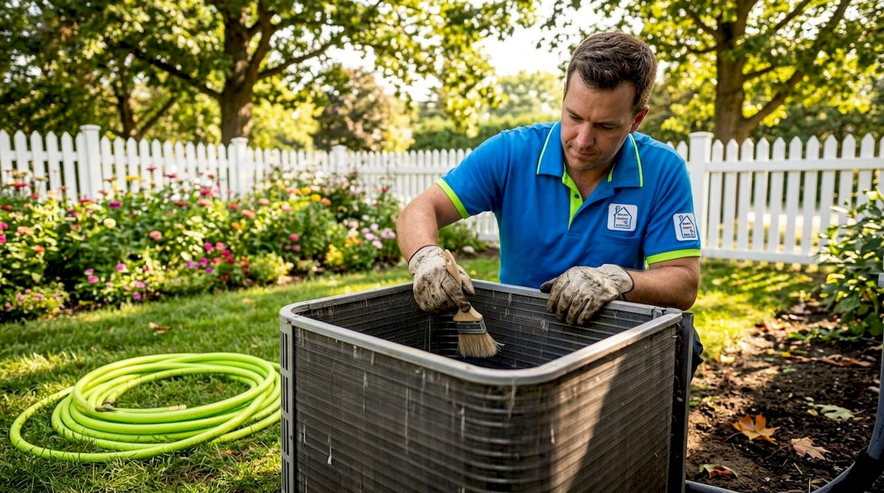 Technician cleaning outdoor HVAC unit with brush