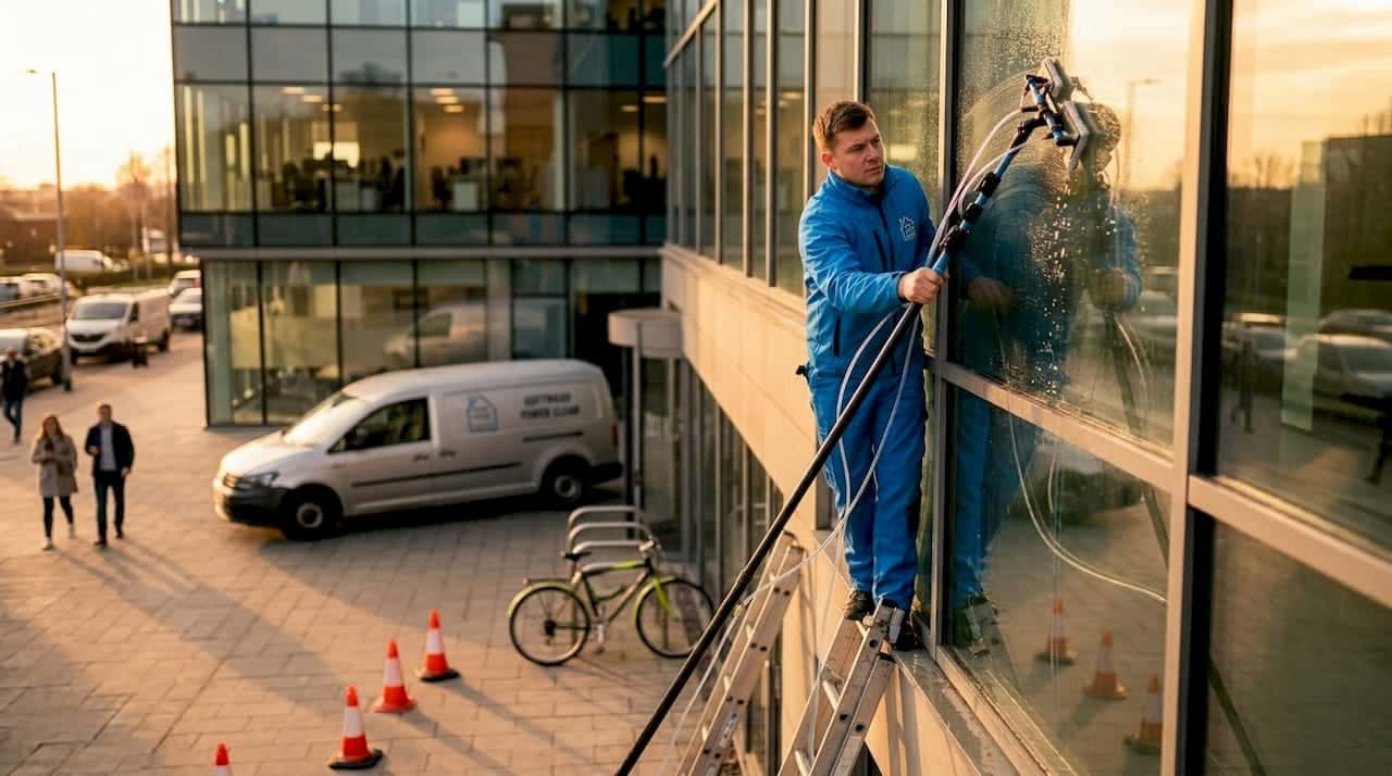 Commercial window cleaner cleaning building exterior