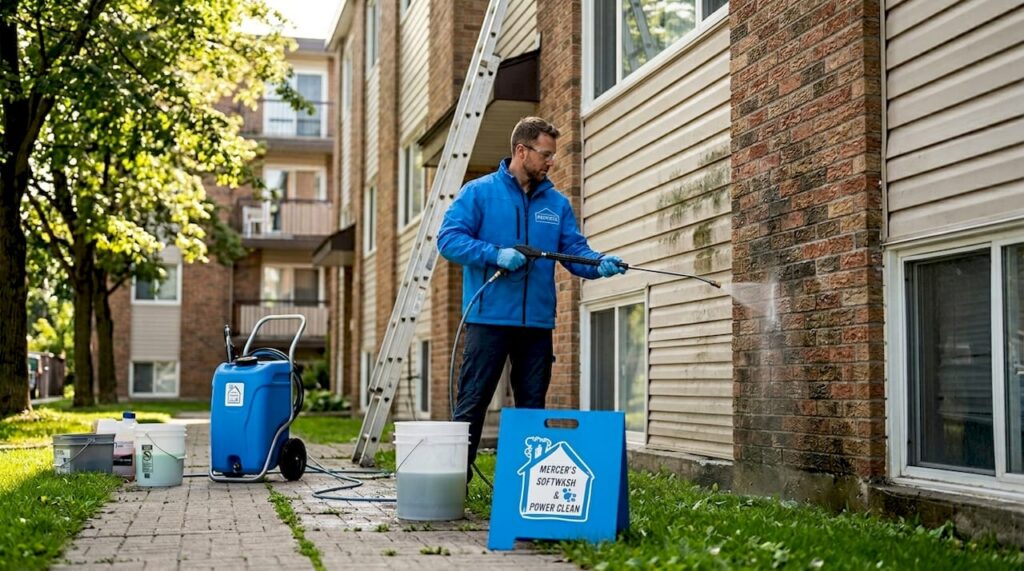 Technician cleaning apartment exterior with soft wash