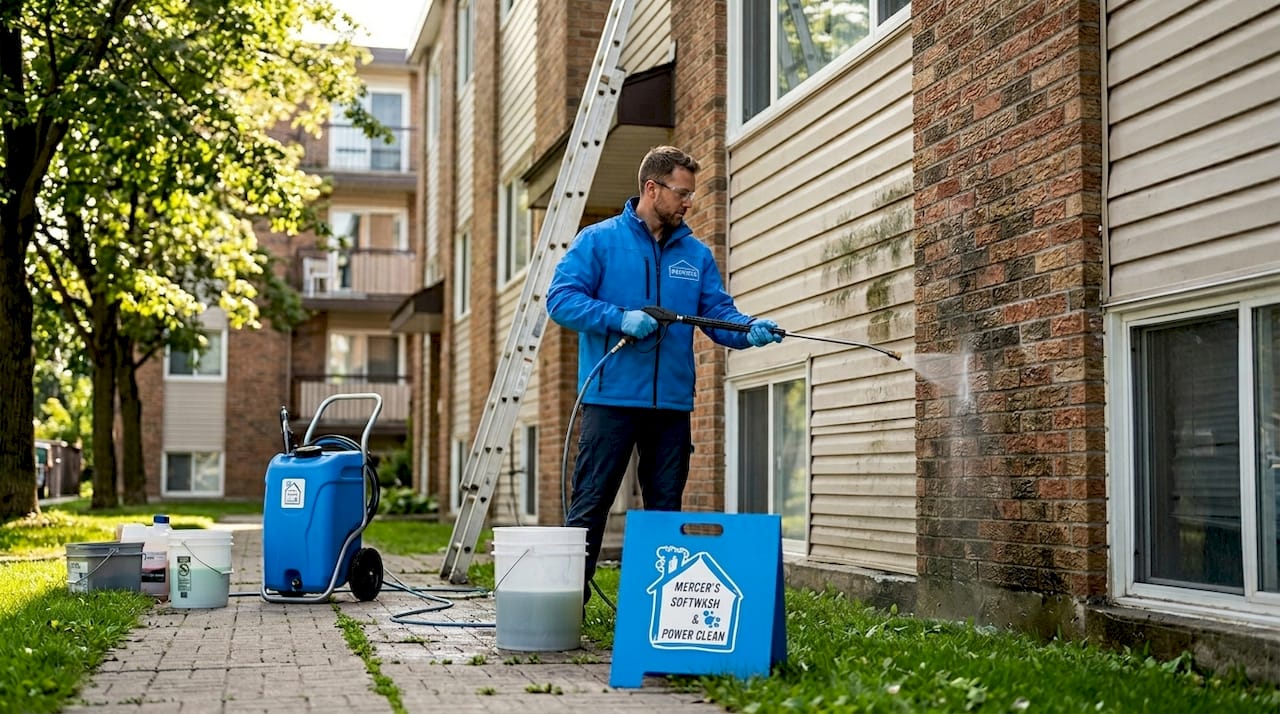 Technician cleaning apartment exterior with soft wash