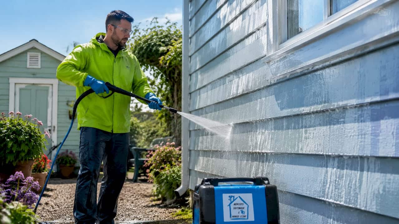 Professional cleaning house siding with soft wash