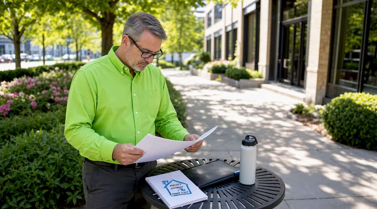 Property manager reviewing cleaning compliance outdoors