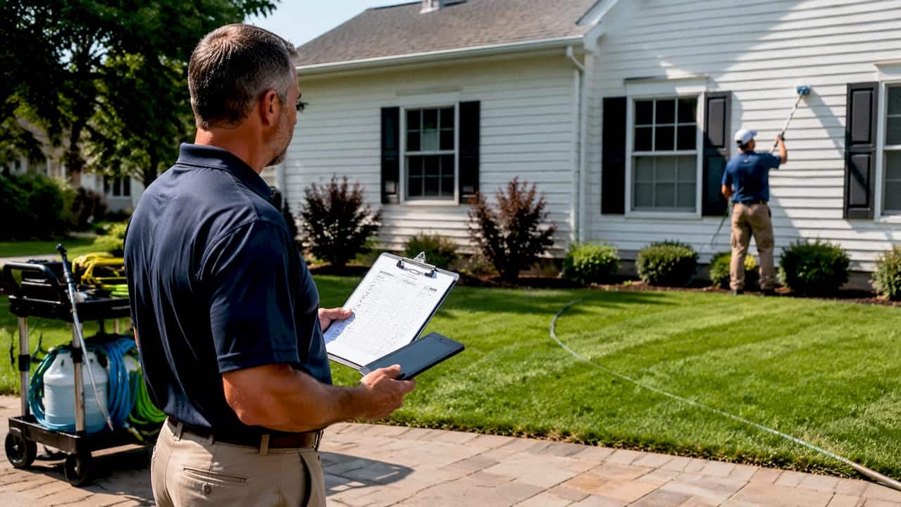 Property manager inspecting exterior cleaning at rental property