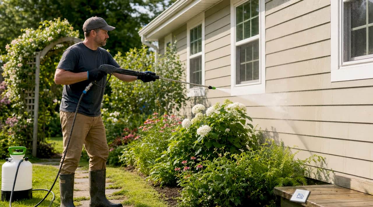 Man washing house exterior with soft washer in spring