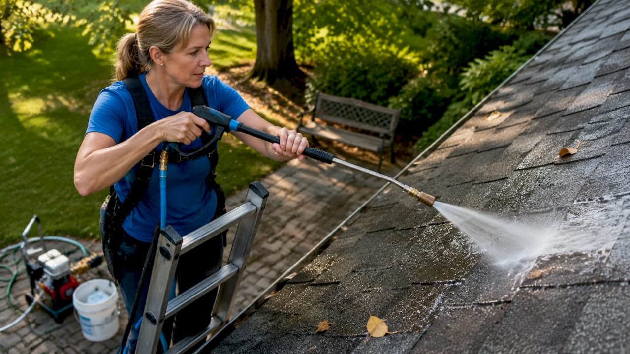 Homeowner soft washing house exterior siding