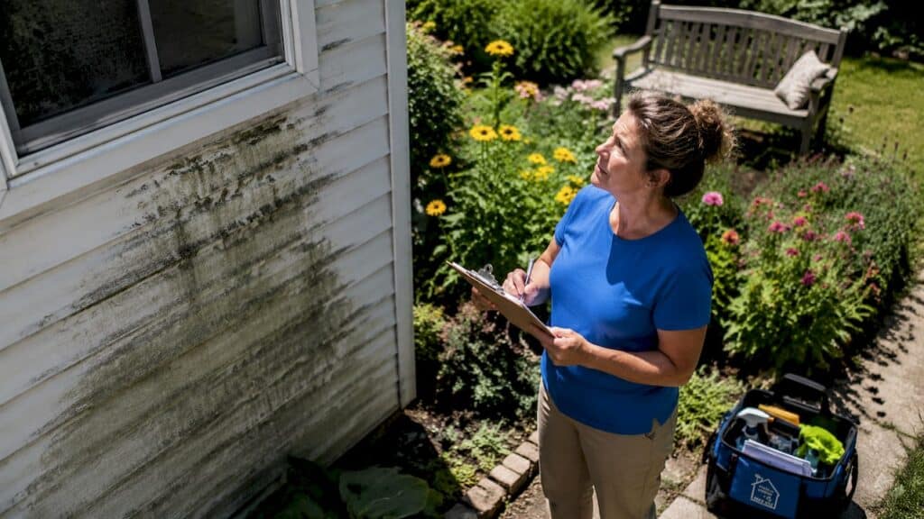Woman inspecting stained house exterior