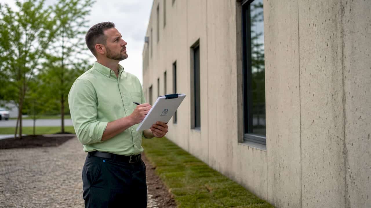 Property manager inspecting building exterior outdoors