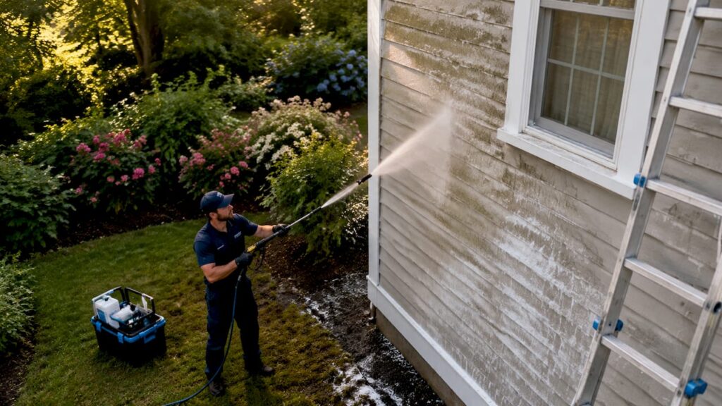 Pressure washing house exterior by professional