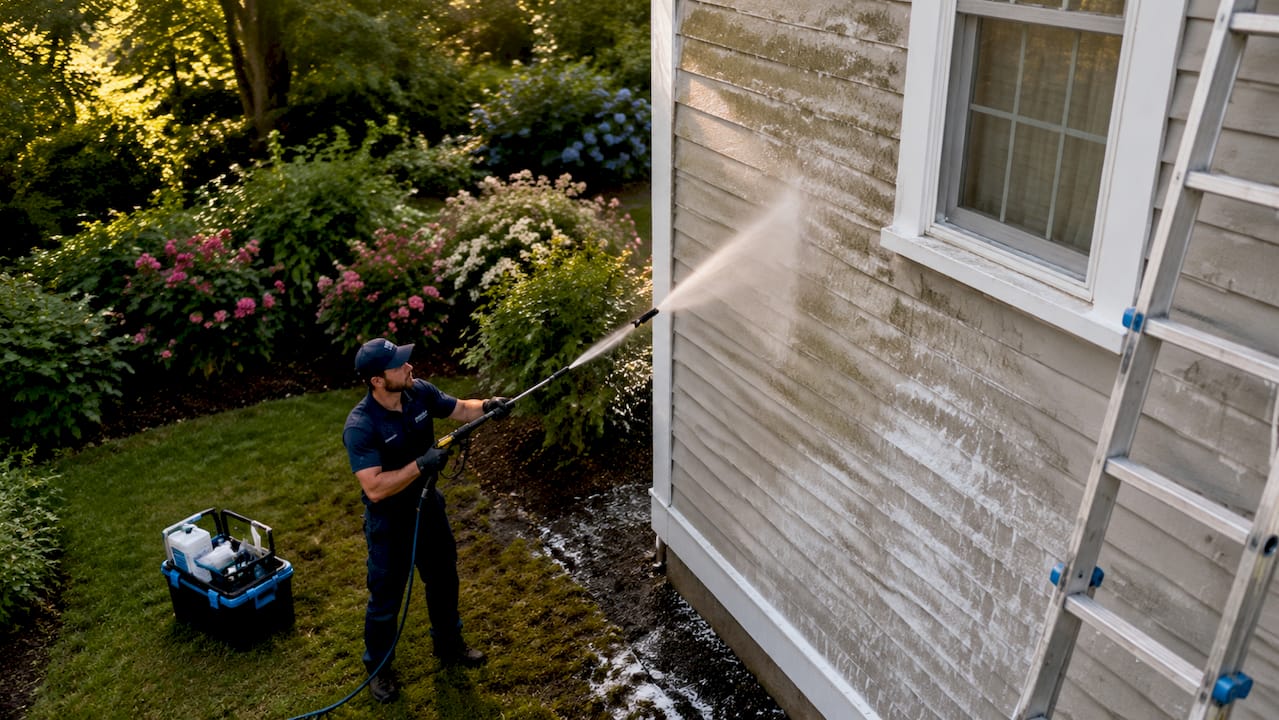 Pressure washing house exterior by professional