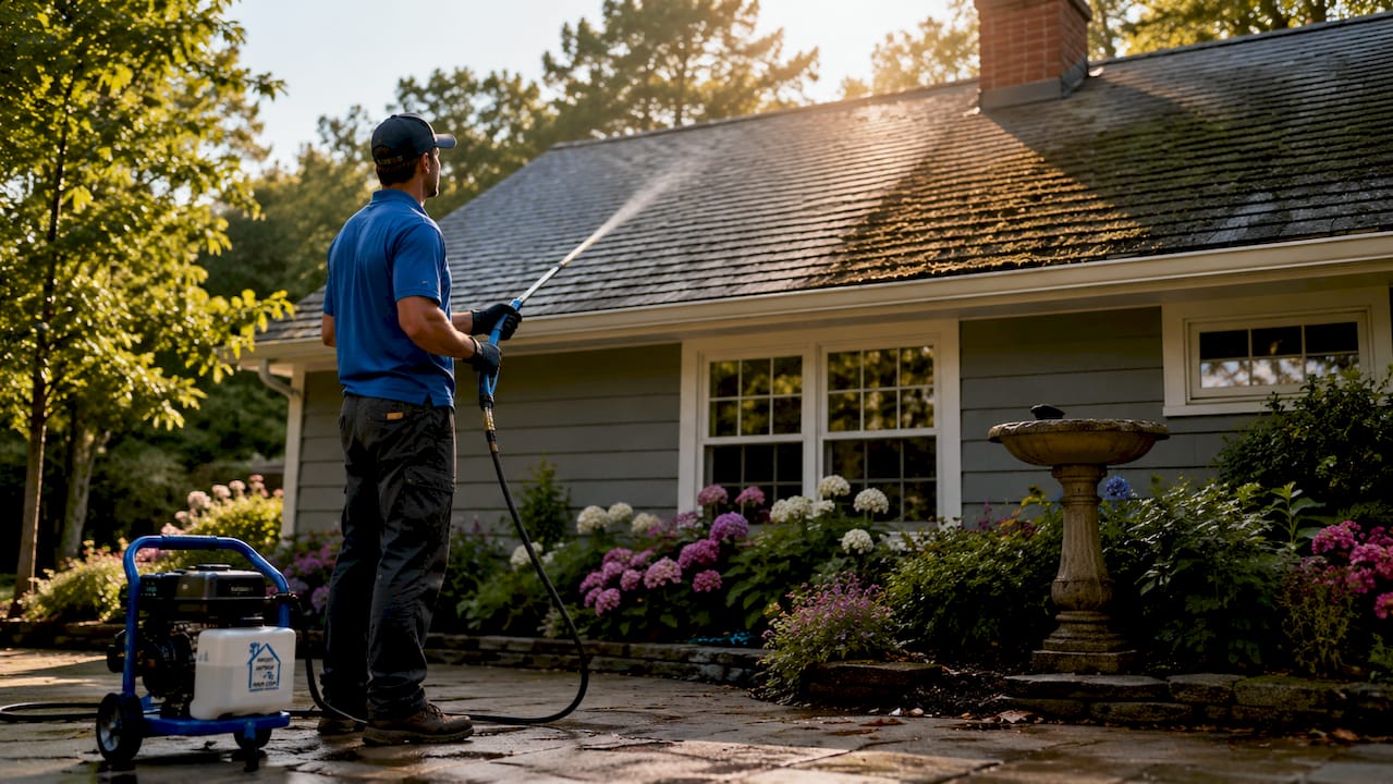 Technician applying preventative roof cleaning on asphalt shingles