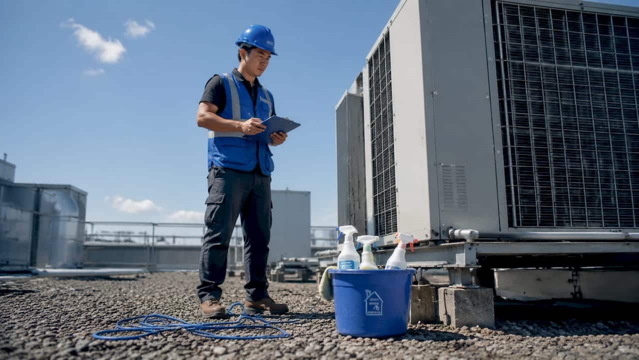 Technician inspecting rooftop HVAC unit