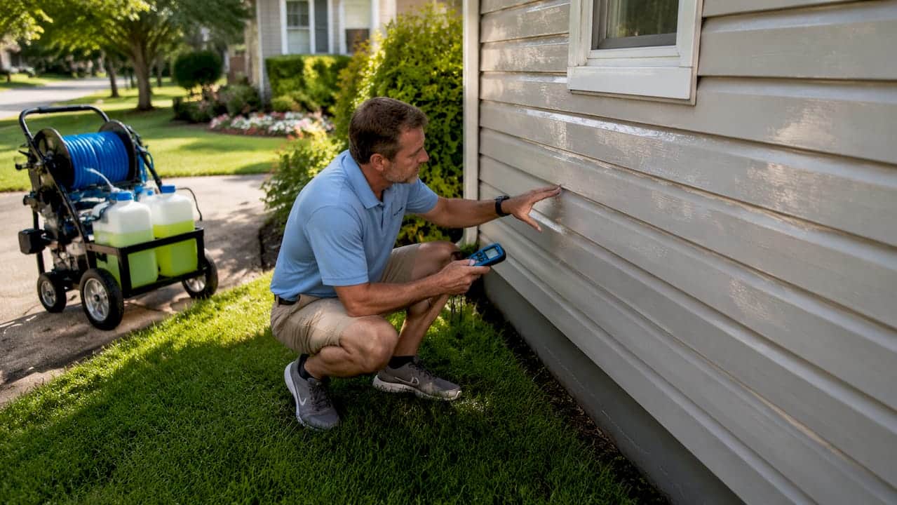 Man inspecting vinyl siding after soft washing