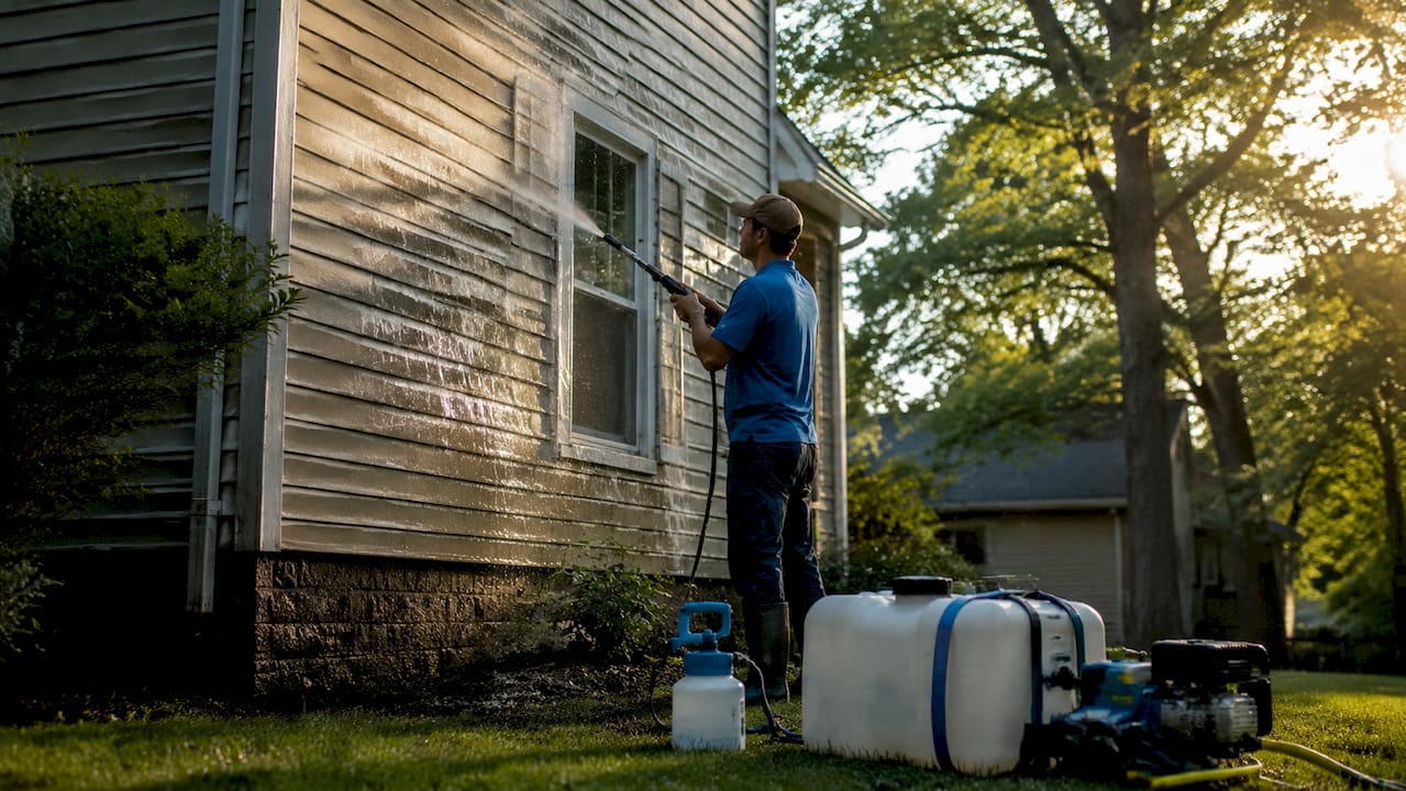 Worker soft washing home exterior siding outdoors