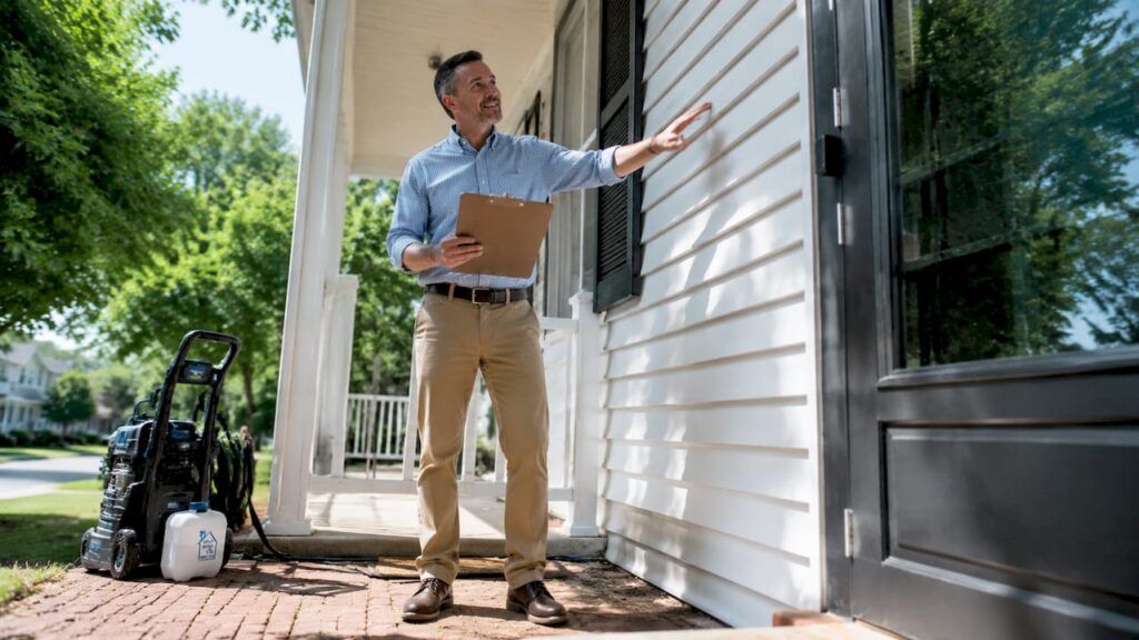 Real estate agent inspecting freshly power washed home exterior