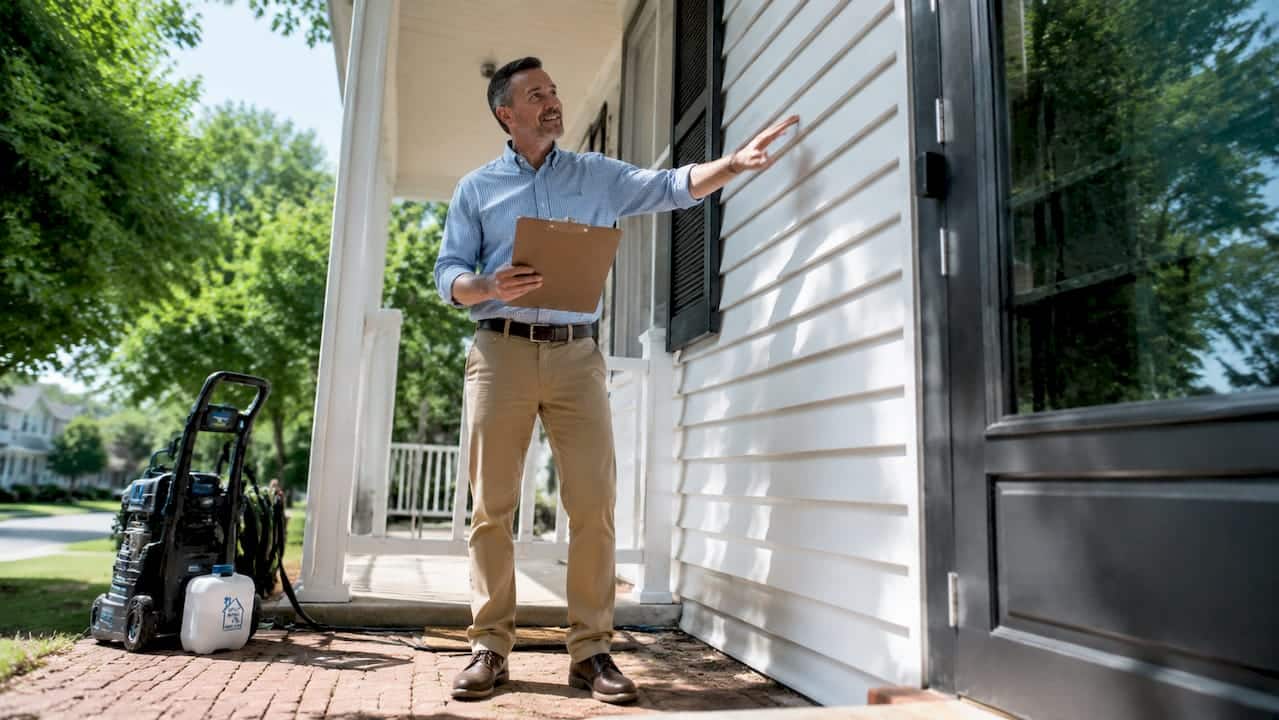 Real estate agent inspecting freshly power washed home exterior