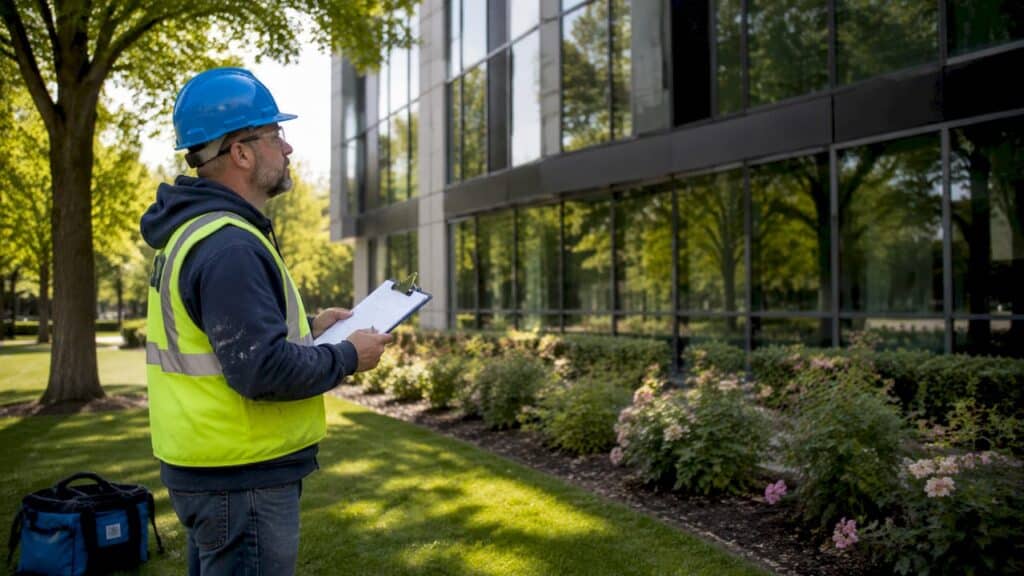 Technician inspecting commercial building exterior