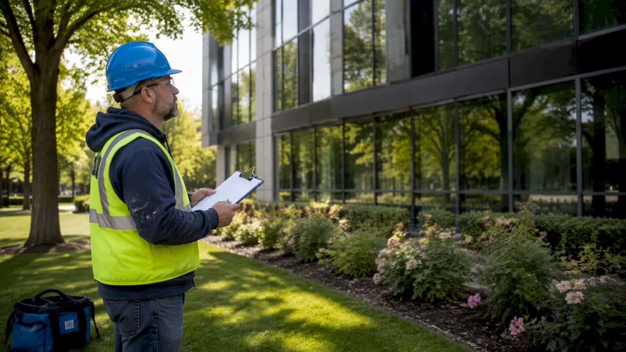 Technician inspecting commercial building exterior