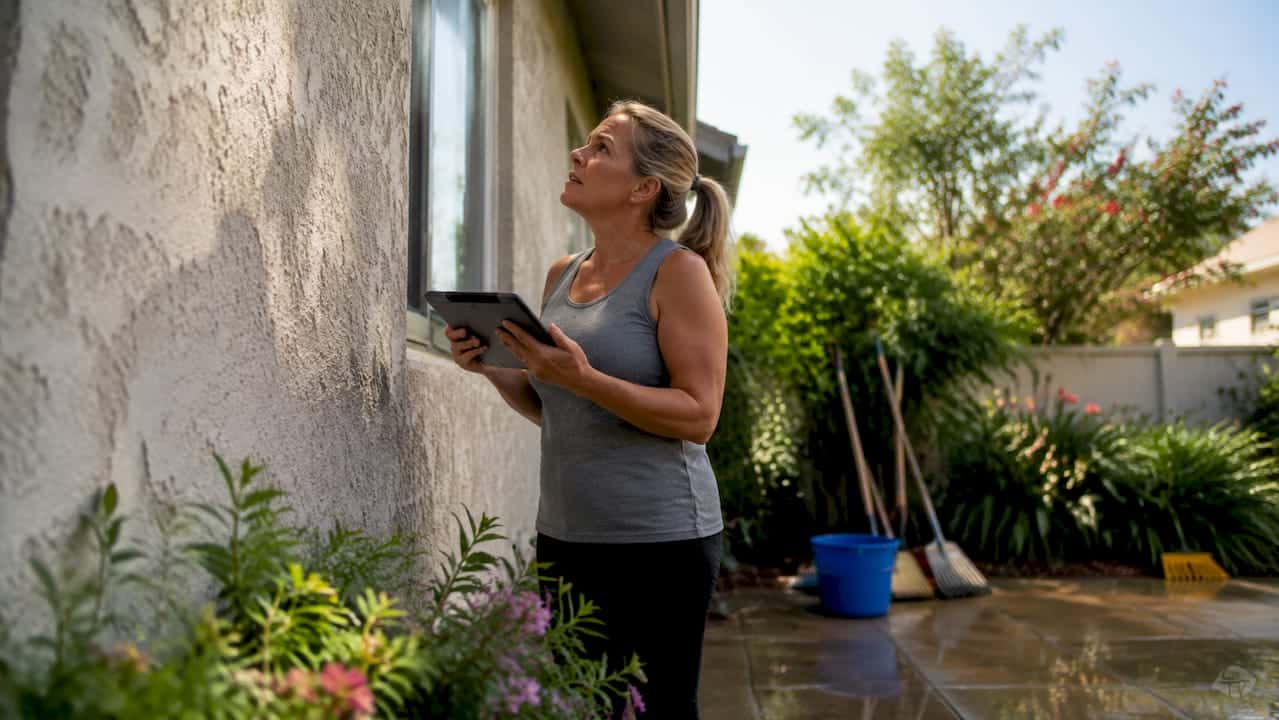 Homeowner inspecting vinyl siding for softwashing