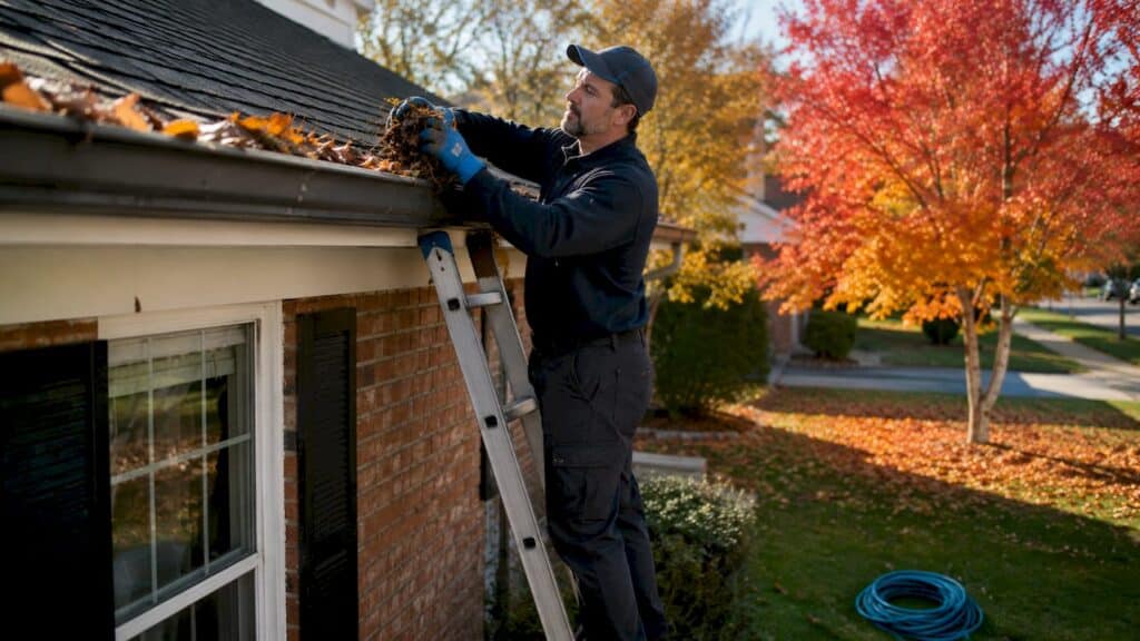 Homeowner cleaning gutters on ladder outdoors