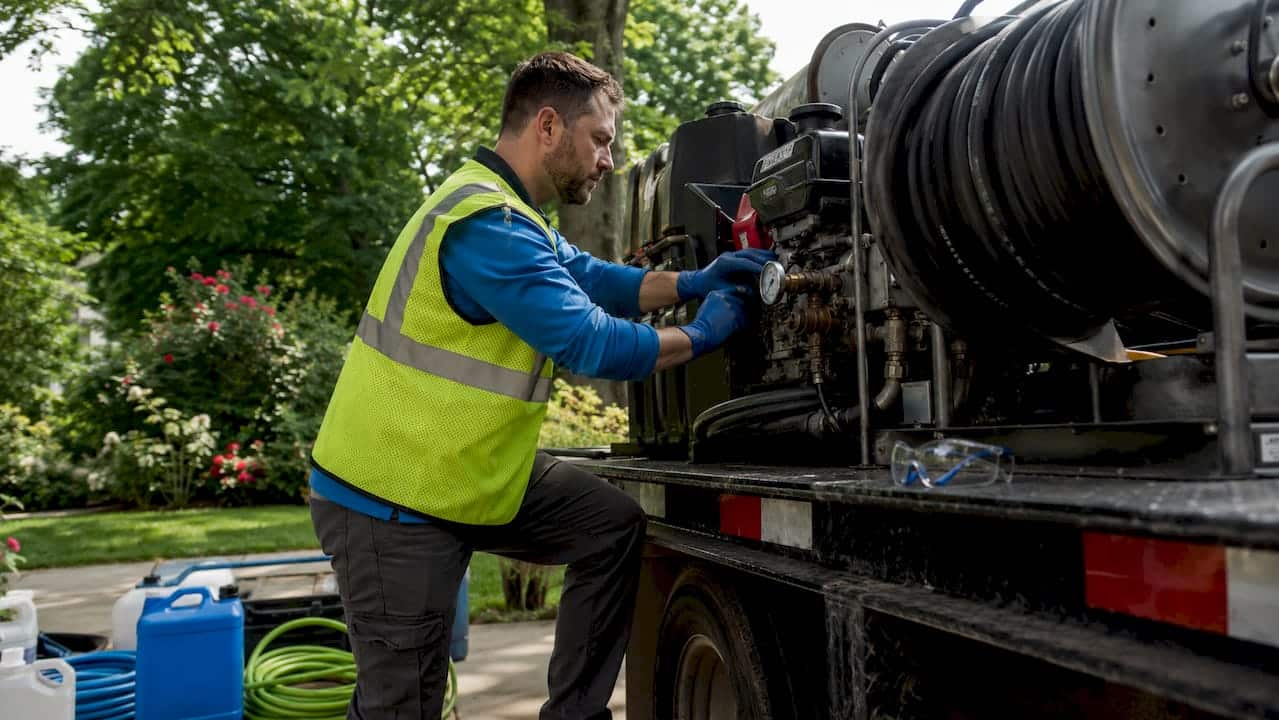 Professional inspecting outdoor washing equipment