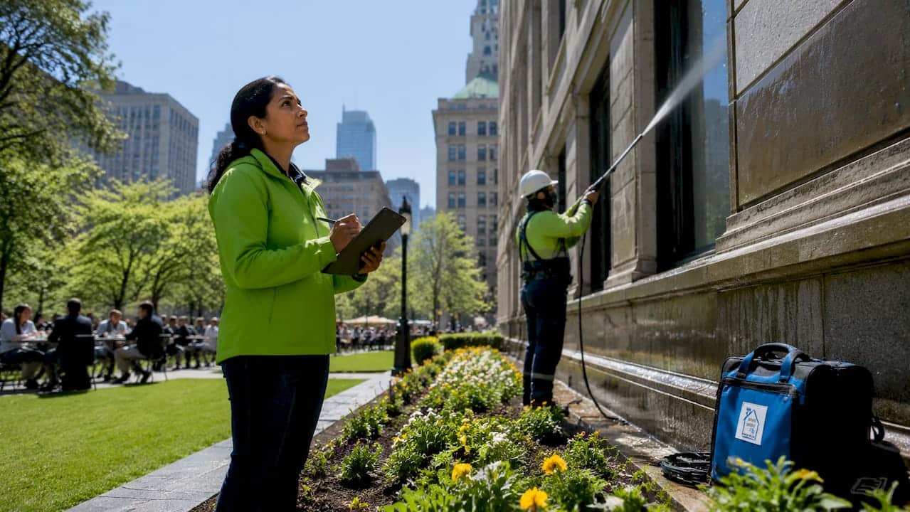 Property manager inspecting commercial pressure washing
