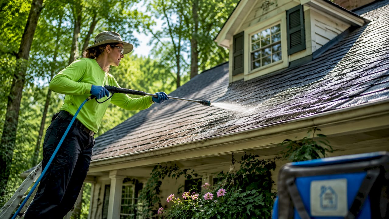 Roofer soft washing asphalt shingles on home roof