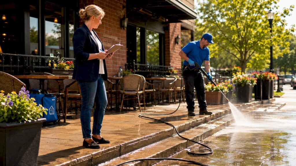 Manager overseeing restaurant exterior cleaning