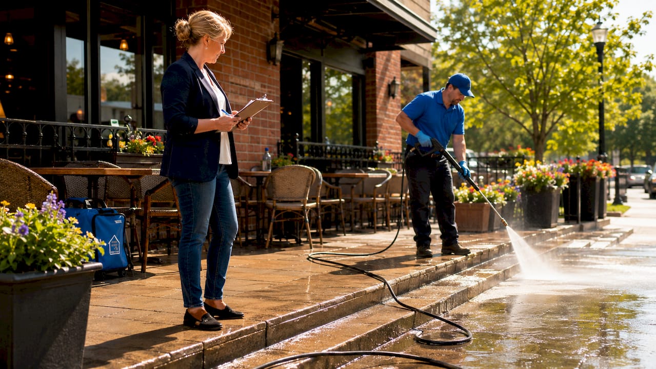 Manager overseeing restaurant exterior cleaning
