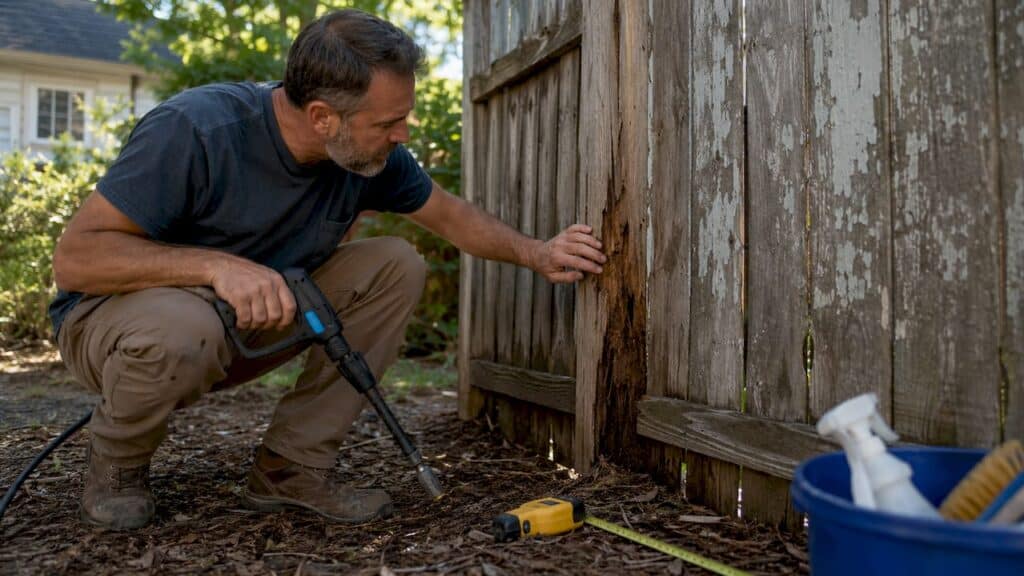 Man inspecting damaged wooden deck after pressure washing