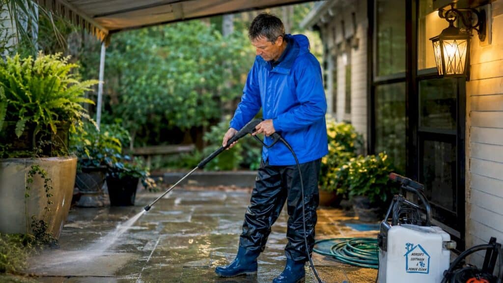 Homeowner operating pressure washer on driveway