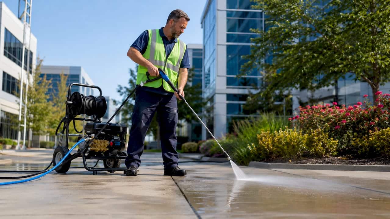 Property manager pressure washing commercial walkway