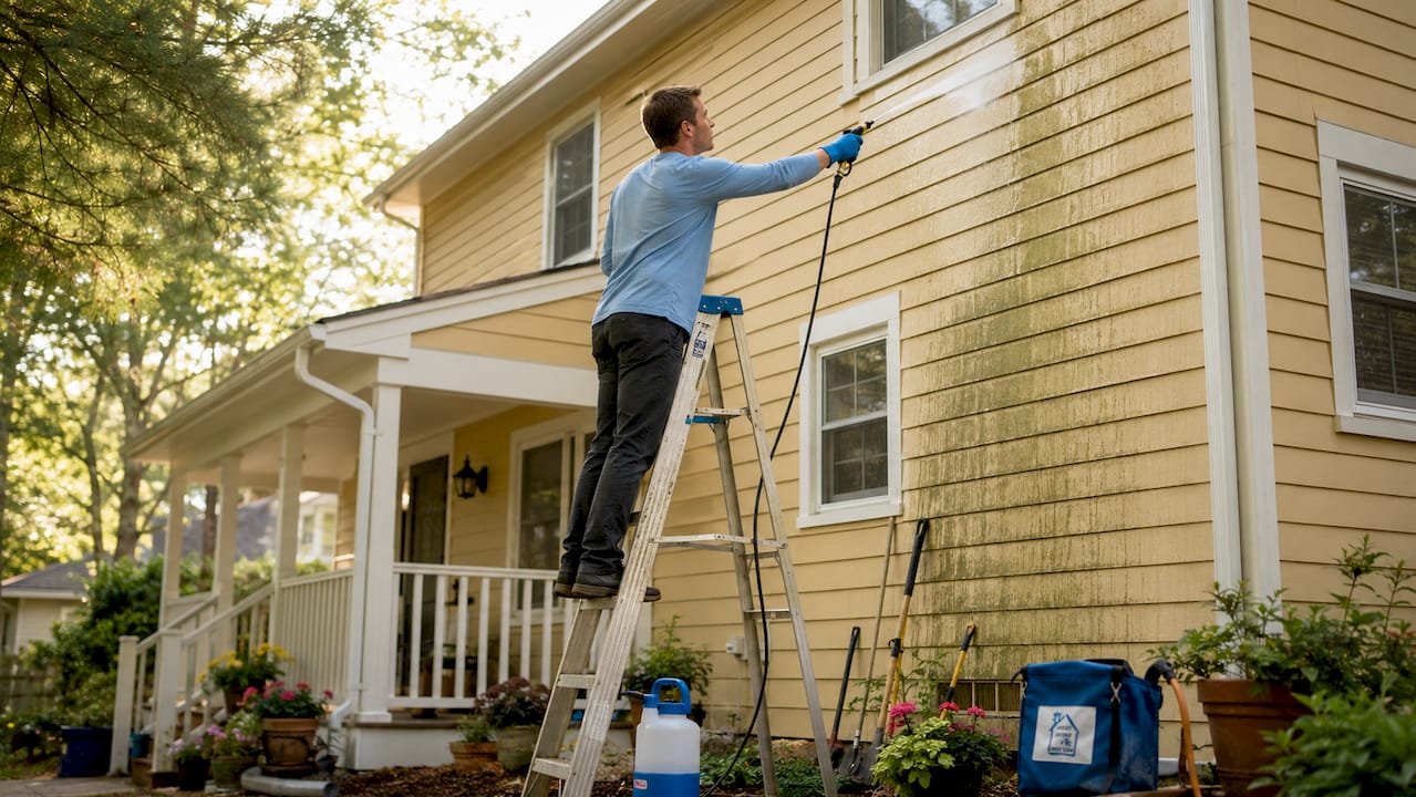 Homeowner spraying algae on house exterior
