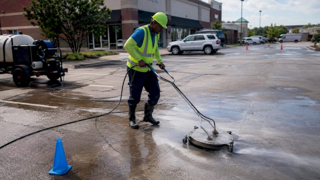 Technician pressure washing commercial parking lot outdoors