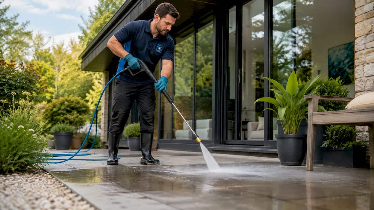 Technician power washing house exterior driveway
