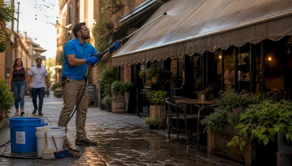 Professional cleaning large commercial awning outdoors