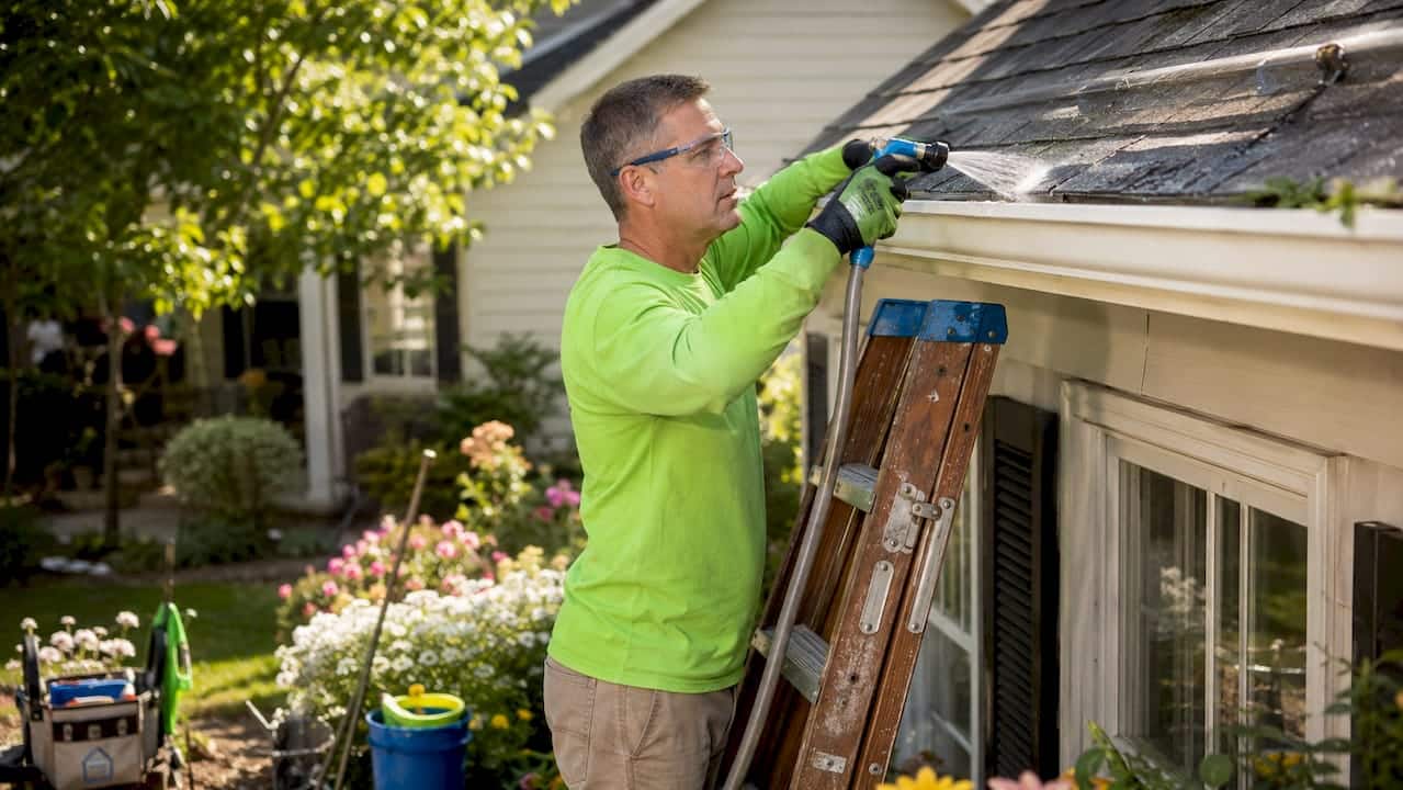 Homeowner flushing gutters with garden hose