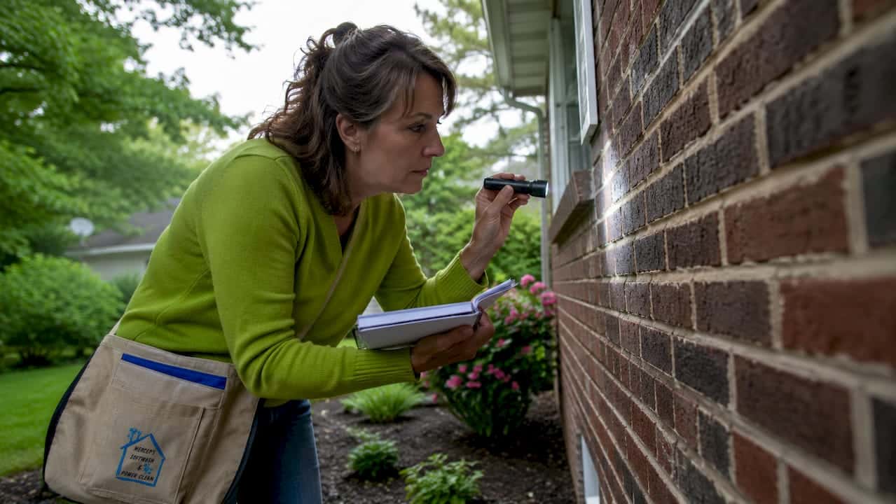 Homeowner inspecting brick mortar on house wall